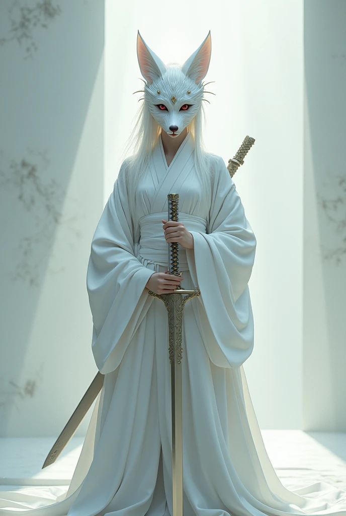 Red eyes, white hair, fox mask, swordsman, androgynous, white kimono, short hair