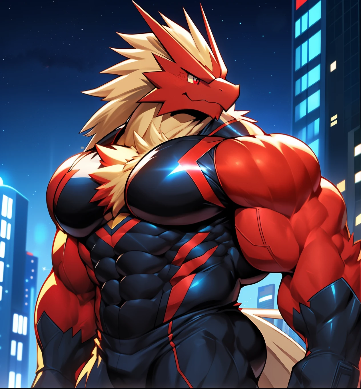 City background, skyscraper, futuristic city, night, stars, night lights, Blaziken Gigachad, super hero, hero, bodysuit, massive muscles, huge pecs, chiseled abs, huge pectorals, exaggeratedly huge muscles. a furry hero whose presence inspires trust and respect. (((His hero costume is black, and red)