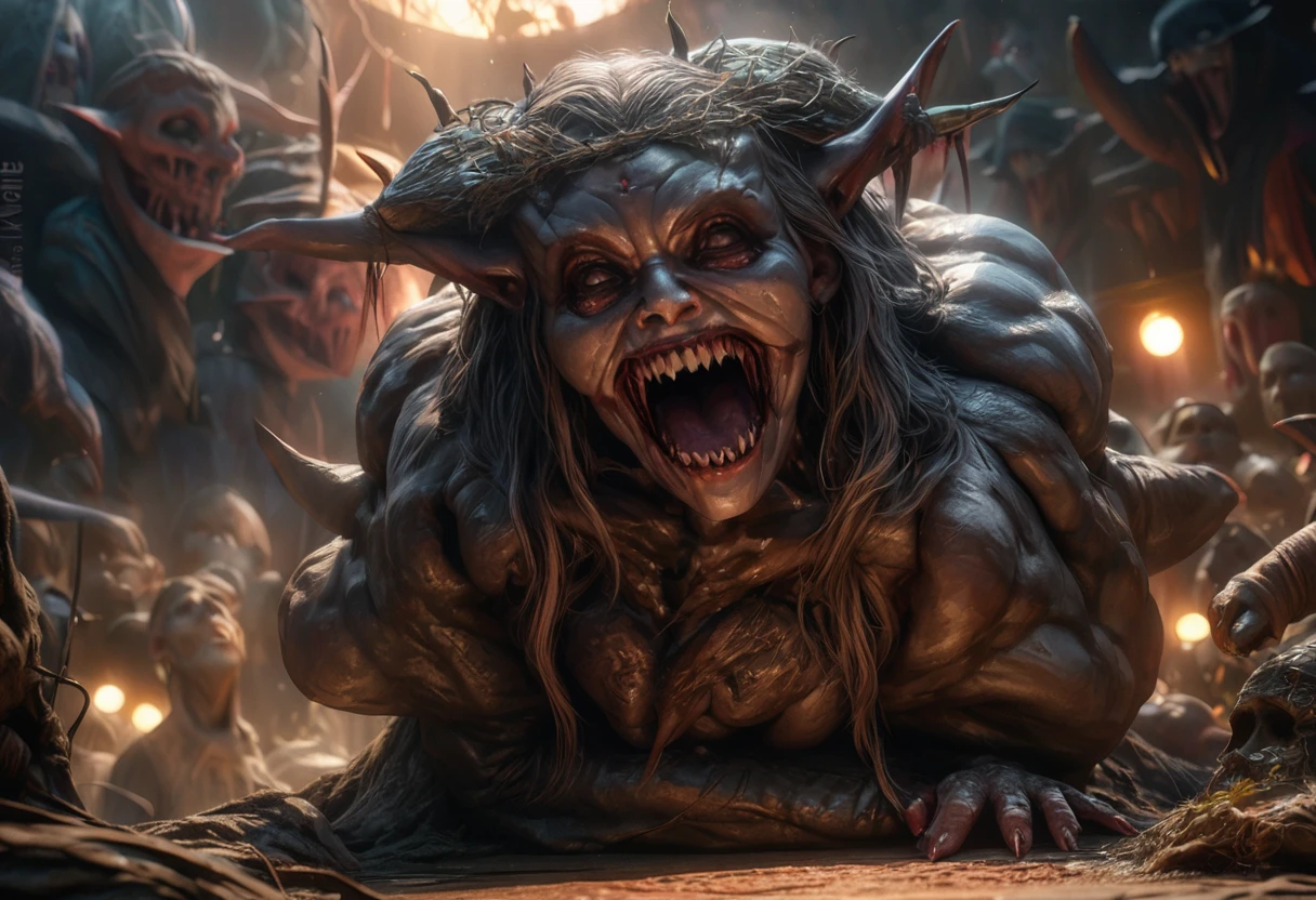 (multiple subjects)(complex details)(a very high quality,4k,8k,highres,masterpiece:1.2), ultra-detailed, realistic, photorealistic:1.37, HDR, UHD, studio lighting, extreme detail description, professional, vivid colors, bokeh, landscape, fantasy, (Overarching theme:Horror Movie), seductive, alluring, detailed faces, (green skin, sexy, buxom, evil, little, insane, cannibal, female goblins) with crude sharp glinting weapons, they have sharp shark like teeth and they are hungry and horny), cannibal black iron cauldron (with a human woman in it), magic glade, moonlight, full body, show goblins from head to toe, show her entire body