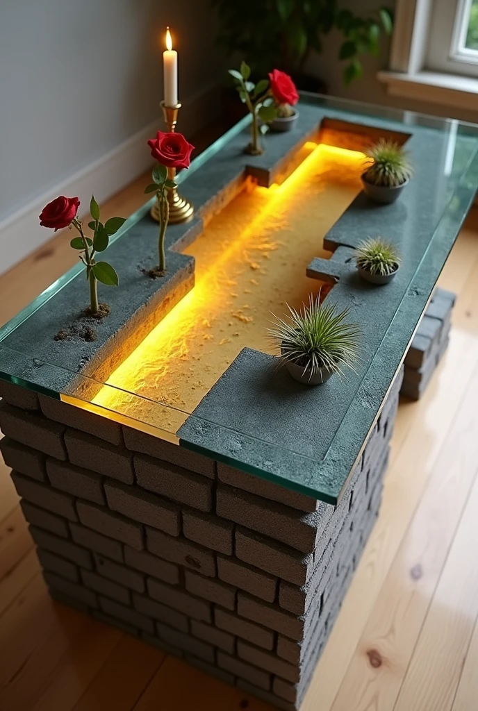 Handcrafted rectangular table featuring a reflective glass top that creates a stunning visual effect resembling an endless tunnel, illuminated from within by warm yellow LED lighting.. The sides are covered with a material that simulates the appearance of grey bricks with a three-dimensional texture.. The table is decorated with simple decorations such as small plants and a golden candlestick containing a red rose.. The table is placed on a light-colored wooden floor.. The table design combines simplicity and elegance with a touch of modernity, making it a distinctive piece of art in any room.
