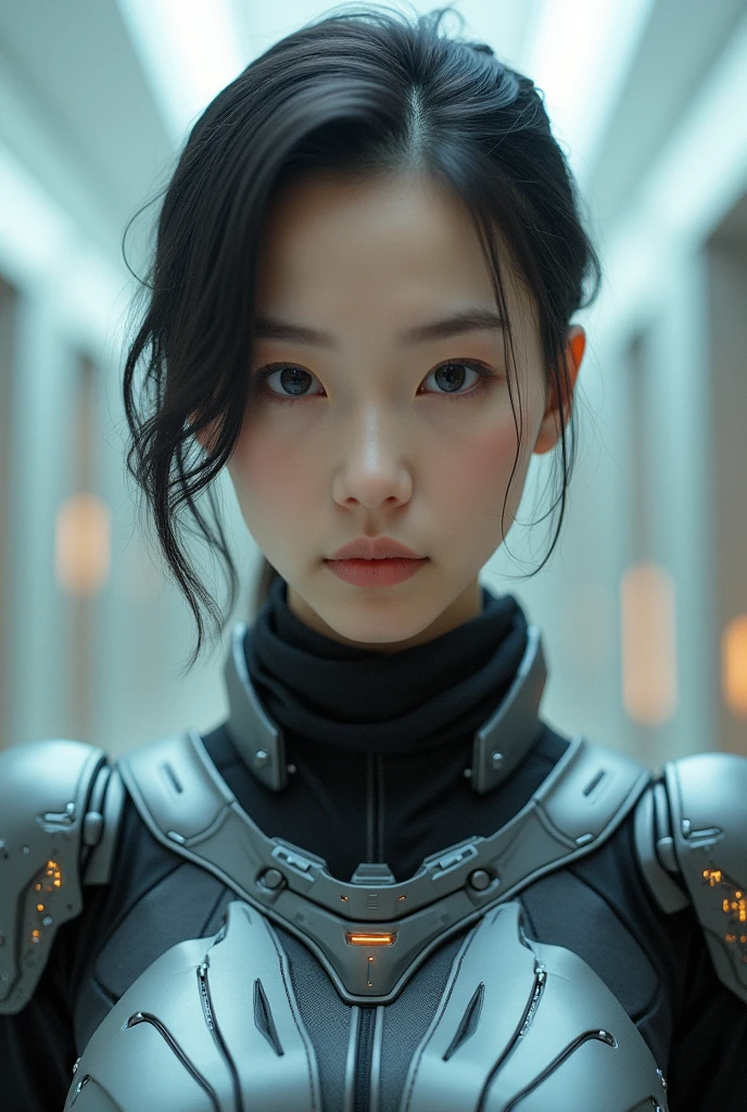 Japanese woman, 40 years old, undercut, streight face showing no emotion, thin lips, looking into camera, sci-fi armor, standing streight, frontal view, highly detailed face, high resolution, no make-up, photorealistic