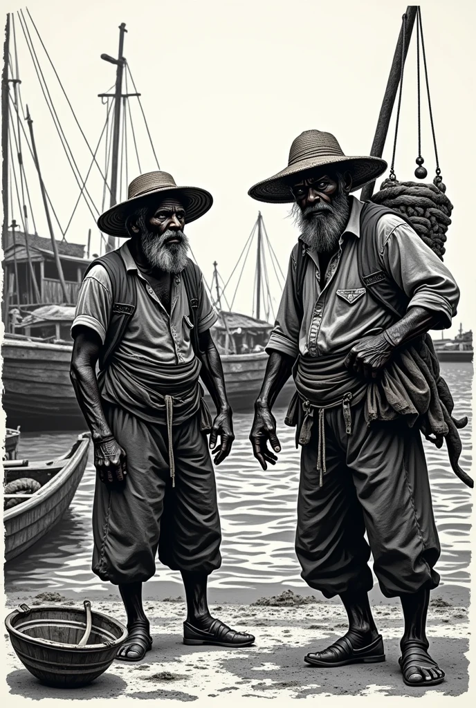 Bahian fishermen in traditional black and white WOOD PRINTING style Woodcut Woodcut Woodcut Woodcut