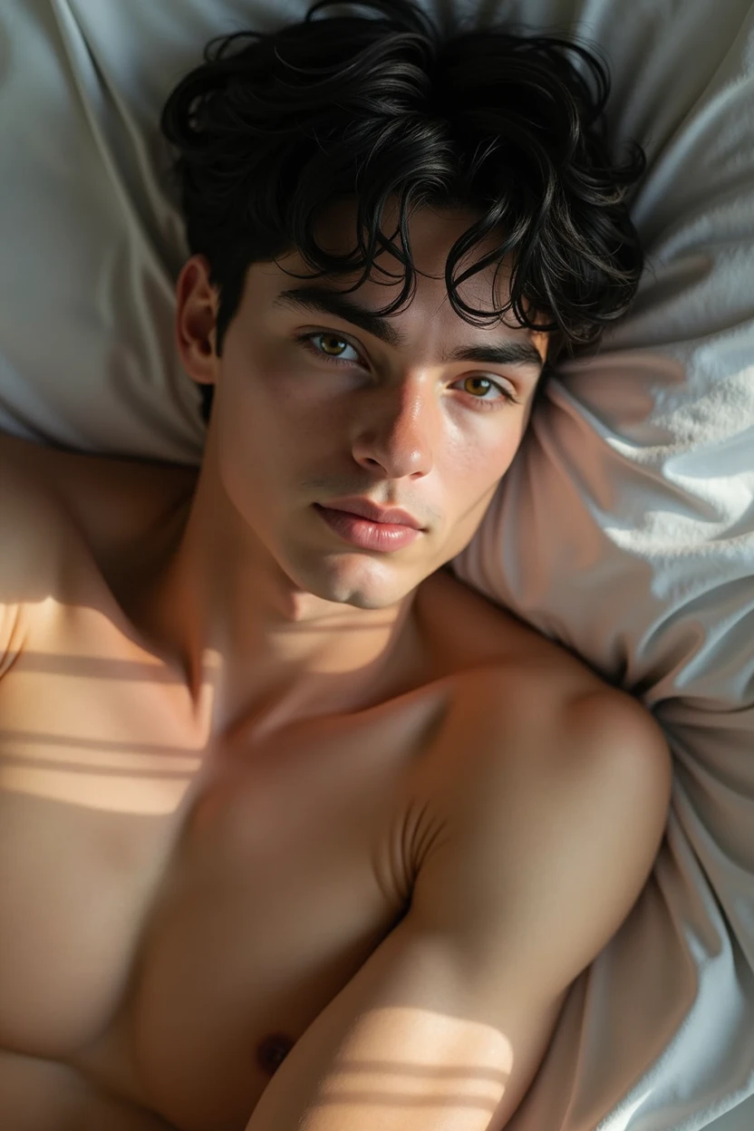 realistic photo, homme caucasien de 20 ans, Kale, black hair short, Allongé sur le lit avec les jambes écartées, detailed face and body, natural lighting, high resolution, photorealistic, (best quality,8k,high resolution,head of'artwork:1.2),ultra-detailed,(realistic,photorealistic,photo-realistic:1.37),realistic skin texture,Green eyes and detailed lips,beautiful detailed face,long cils,Peau douce,natural body shape