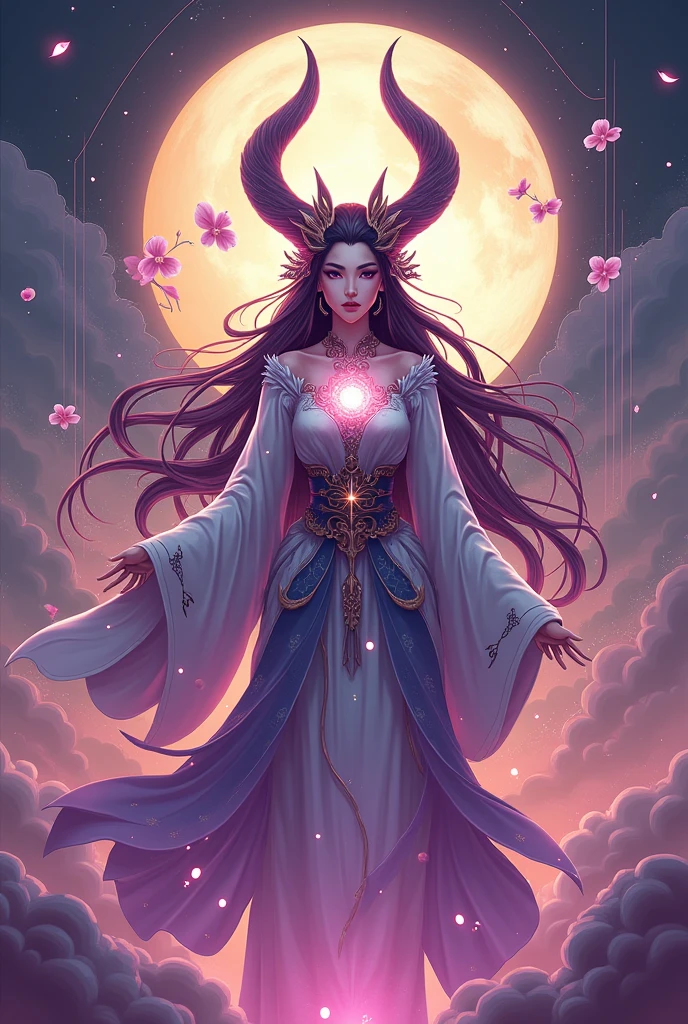 Create me an image for my Discord server, you can follow these steps:

Paleta de cores: Use shades of purple, pink and gold to evoke League of Legends&#39; theme of spiritual blossoming. These tones also refer to aspects of Kaguya Otsutsuki.

Asian Elements: Include traditional Asian symbols or patterns, like cherry blossoms, stylized cloud or dragon patterns.

Inspiration from Kaguya Otsutsuki: Add details like the horned crown and patterns that reference your outfit..

Gamer Style: Use a graphic style that aligns with the gaming universe, like futuristic lines and glow effects and gamer and discord elements 

