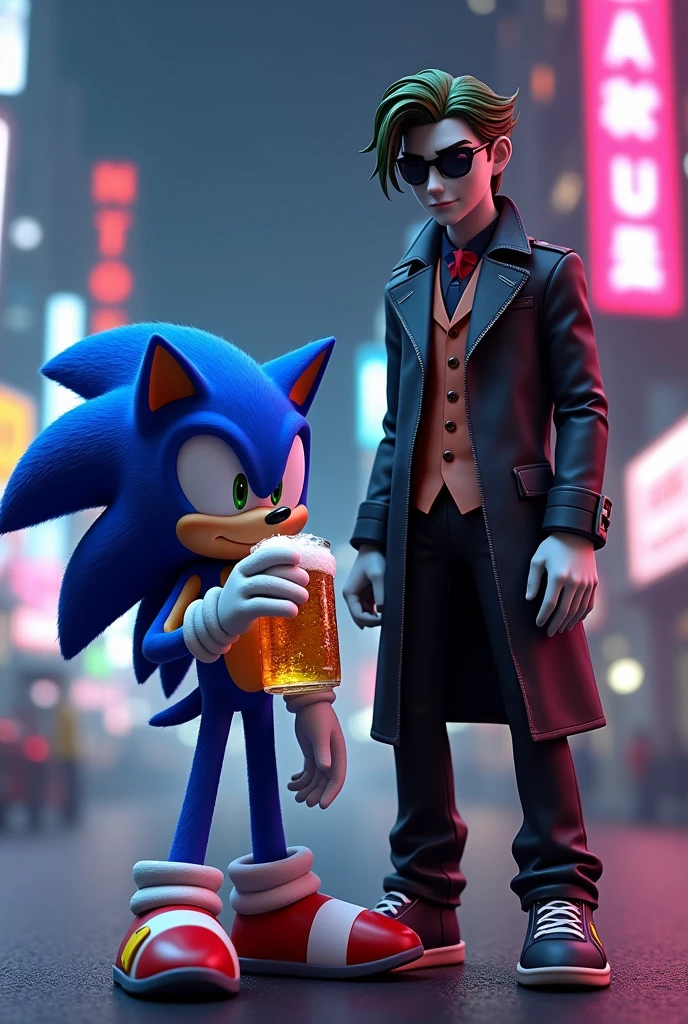 Joker from Persona 5 with Sonic drinking a polar beer
