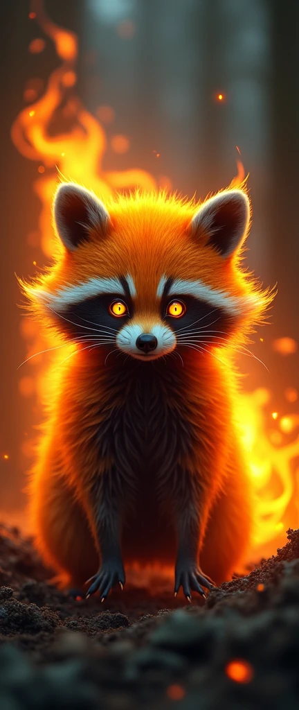 A stunning, hyper-realistic rendering of a majestic Shadow Fire cute, extra fluffy baby realistic raccoon with orange fur adorned with dark flame patterns. Its piercing yellow eyes gaze intensely, emitting an aura of power. The emits shadowy flames, casting dark, flickering shadows and leaving burning trees in its wake. The background showcases a sinister, dark forest, with the celestialpunk style lending an ethereal, otherworldly atmosphere. This masterpiece, rendered in 8K and 20 megapixels, captures the essence of the magewave aesthetic with intricate details, ornate sacred geometry, and a solid black background. The striking pose, with its head slightly down and facing the camera, creates a sense of awe and wonder in this surreal, energy-filled, photo, 3d render, conceptual art