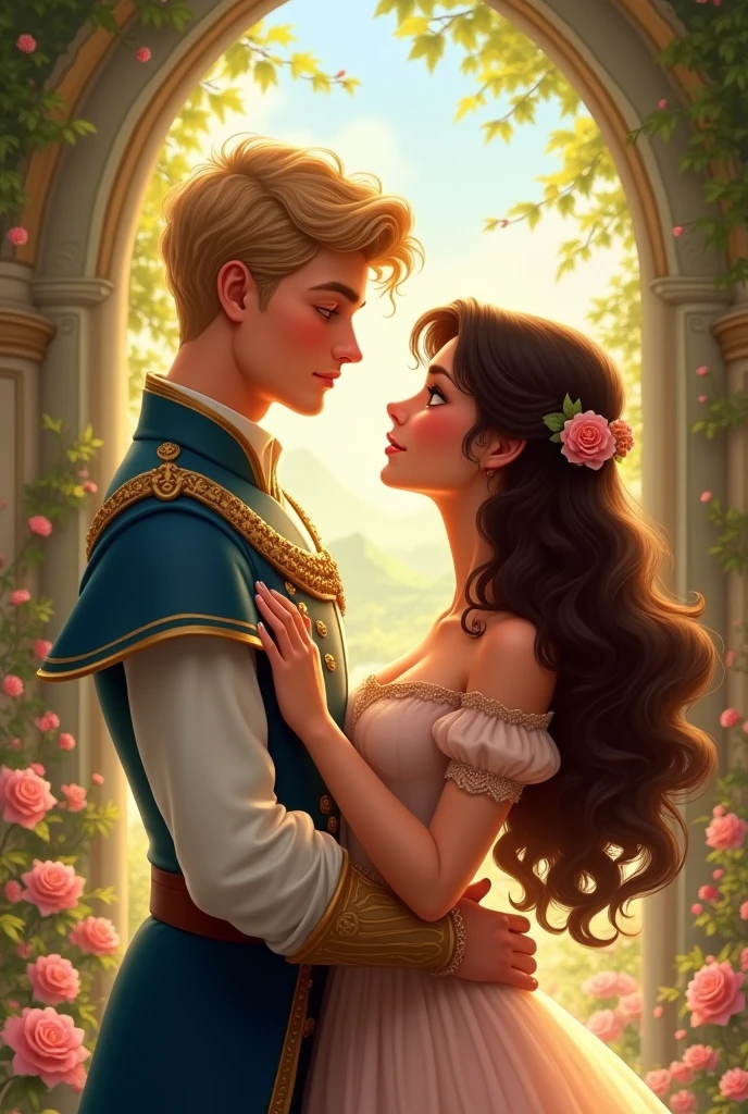 A prince and a princess ,the prince having the characteristics of 22 years ,offwhite ,curry hair ,blonde and short , and the brunette princess,big hair , He is 18 years old 