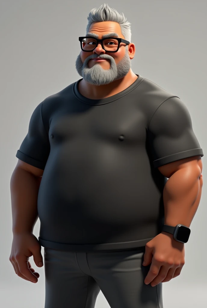 Create a stylized 3D cartoon character of a middle-aged black man with very short hair, wearing modern black glasses. The character should have a broad build but without a belly or muscular physique, and a friendly expression, but not smiling. His skin tone is dark brown with a warm undertone. The man has only two prominent vertical wrinkles on his forehead between his eyebrows. His beard is trimmed and sparse, with more white hairs on the chin and the rest being dark gray. His hair is gray, extremely short on top, styled to the right side, and shaved on the sides. The man has hairy arms and does not wear any accessories or jewelry, except for a black smartwatch. He is looking directly at the camera, not cross-eyed, and not smiling. The man is dressed in an oversized black t-shirt and dark gray pants without a belt. The character should be rendered in a stylized, animation-style, with a Pixar-like quality, using Arnold Maya render or toon Keyshot render. The rendering should be high quality, with cinematic lighting, sharp focus, detailed textures, detailed skin, clay-like finish, and bokeh effects in 8K resolution.
