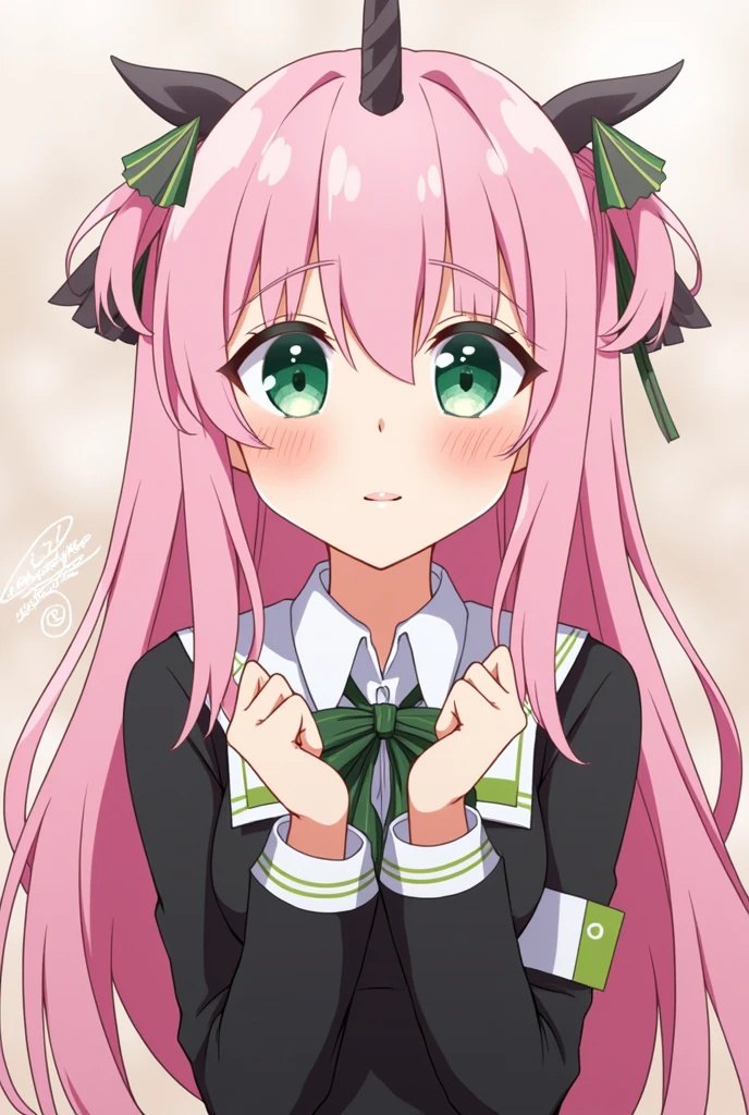 Pink Hair、Green Eyes、Forehead、horn、Black Uniform