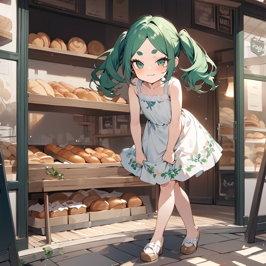 (masterpiece), best quality, expressive eyes, perfect face, (((1 girl))), (solo), (full body), (extremely detailed), (8K), small breasts, flat chest, short, ((short and thick eyebrows)), (((cute floral pattern green and white sundress))), (((smug face))),((:3 expression)), (long twintails), dark green hair, sassy pose, ((bakery in background))