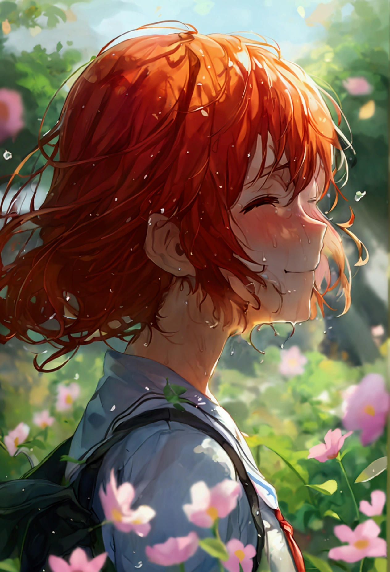 Flower Tales: Kanbaru Suruga and Marsh Wax Flowers、Desperate、smile、running、Sweat、The background is the schoolyard、Hesitation、Eyes closed、The theme is "youth"、In the soil of the schoolyard"the last day of my adolescence"it is written like this