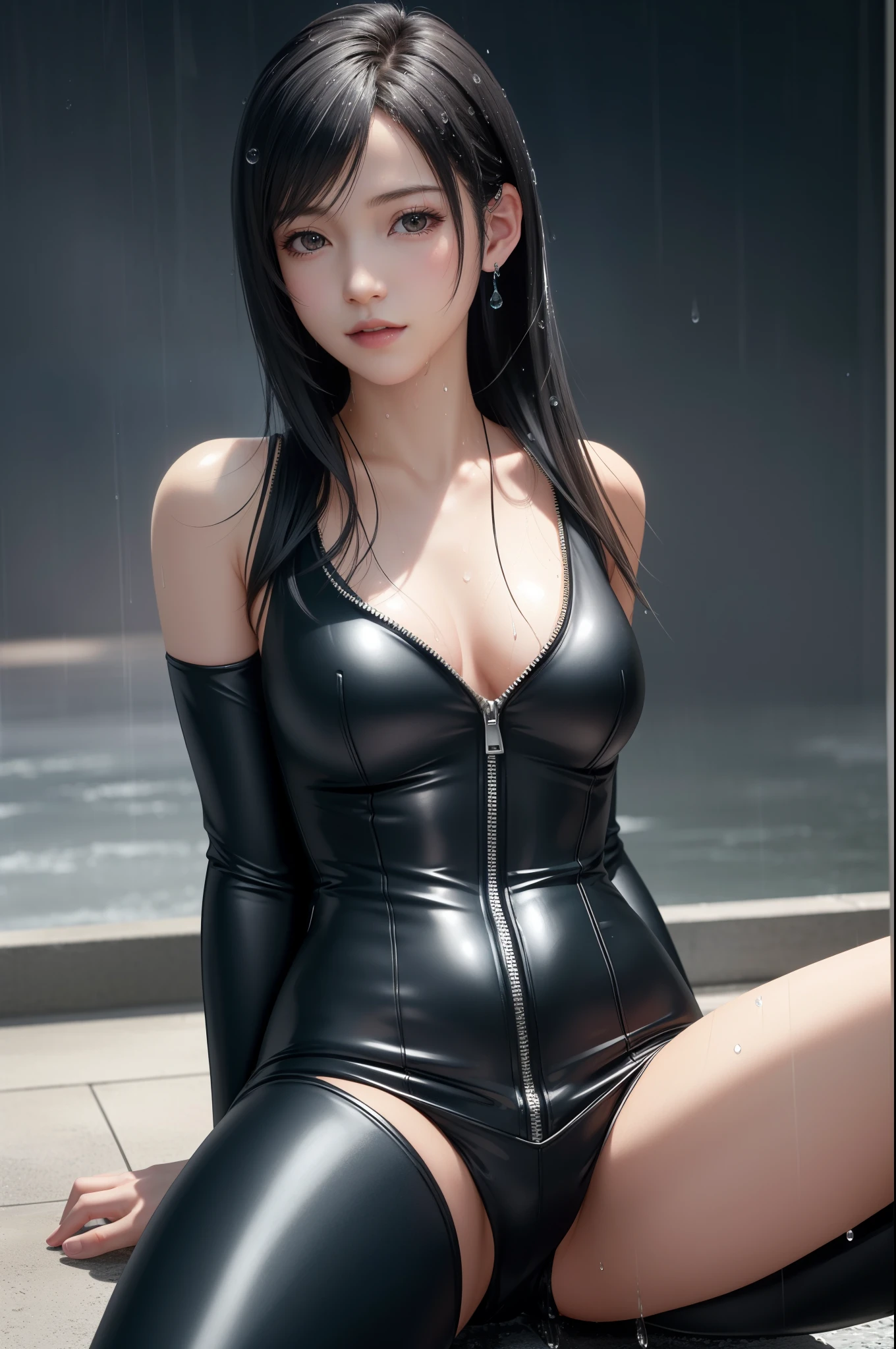 {top quality, masterpiece}, {{{Realistic, photo Realistic}}}, BREAK {{{FF7,Tifa_lockhart,solo}}},(tifa_lockhart and monsters),{{{A dark, barely lit torture chamber, wet, night}}},(face focus:1.1),all on fours:1.2, BREAK (((FF7,Tifa_lockhart))),{Light Brown Hair, Large breasts},(black catsuit:1.3,silver zip,zip down:1.8,pubic hair:1.3), BREAK (((FF7,Tifa_lockhart))),(shiny oiled skin: 1.1),(crowd of monster:1.3),(many monsters:1.2), ((stringy viscous liquid)),(no bra),(no panties),wet hair, about 18 years old,sensual, (sweat on body:1.3),(erotic pose:1.2),I want to make love to you, ((Sitting with crotch open)),Heavy rain ,(Rain-drenched body: 1.3), (Bodysuit with water droplets: 1.3), (Rain-soaked hair: 1.3) , (Rain-soaked bangs: 1.3), (Rain-soaked catsuit: 1.3)