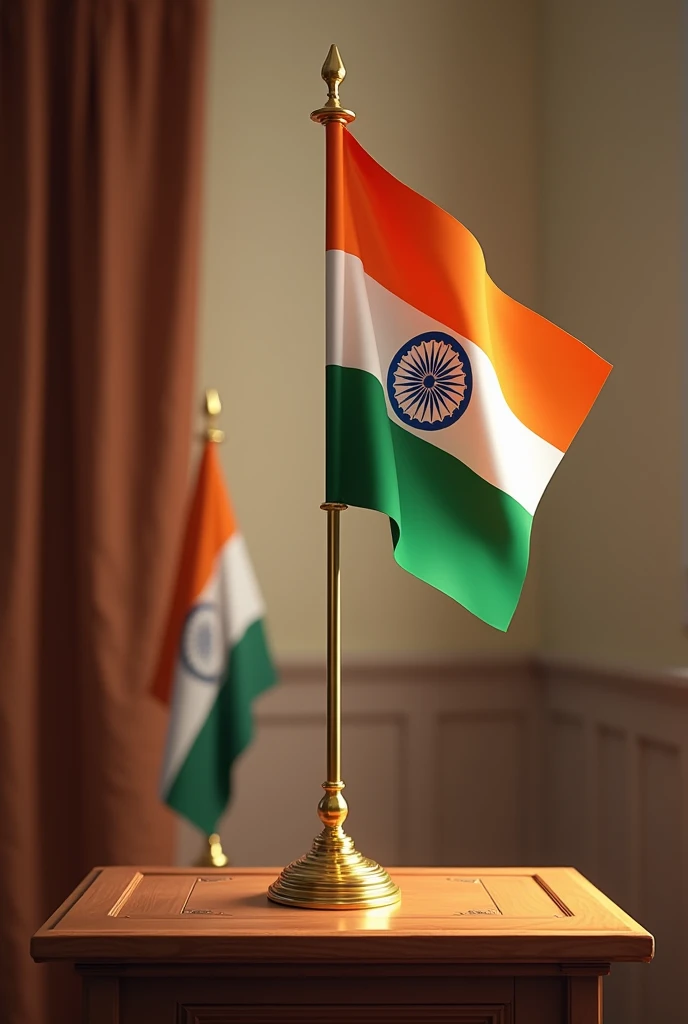 Indian flag on table with CENTRAL BANK OF INDIA FLAG attached to it with Ashoka chakra in background on table blurred