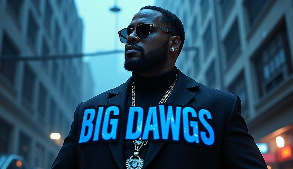 Big dawgs AI-generated Song gangster man and name big dawgs and add font Big dawgs in blue colour  song related 