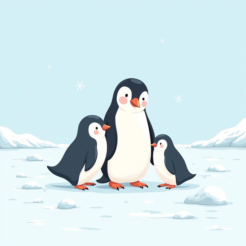 Design a cute vector illustration of a penguin family standing on an icy landscape, with simple shapes and clean lines to emphasize their endearing features.