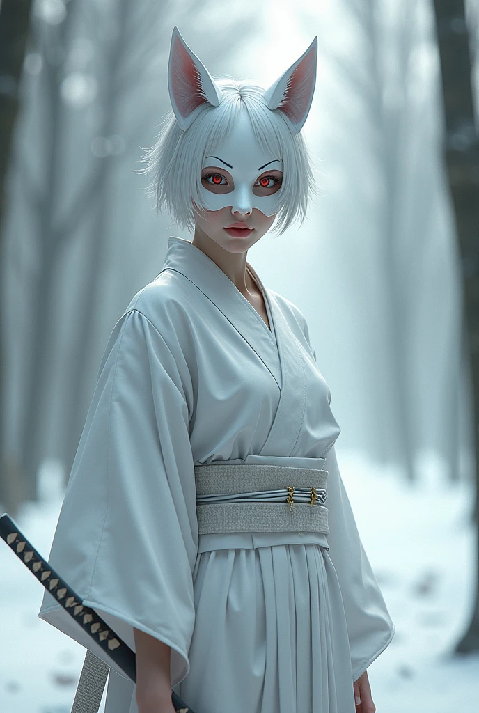 Red eyes, white hair, fox mask, swordsman, androgynous, white kimono, short hair, male