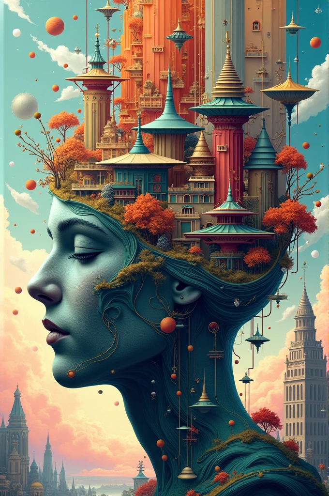 mind of an architect in surrealist style and with many colors