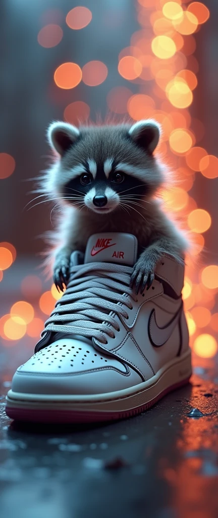A stunning and enchanting photograph of a fluffy raccoon, perched on a realistic render of a Nike Air Jordan shoe. The raccoon's adorable face and soft fur contrast with the sleek and high-tech design of the shoe. A soft glow emanates from behind the shoe, highlighting its intricate details and Nike Air technology. Surrounding the scene, vibrant and luminescent dots swirl and dance, creating an ethereal and magical atmosphere. The Nike and Jordan logos are elegantly displayed beneath the shoe, adding to the overall sense of prestige and quality. The image seamlessly blends photography, 3D rendering, and conceptual art to create a captivating and surreal visual experience., photo, 3d render, conceptual art