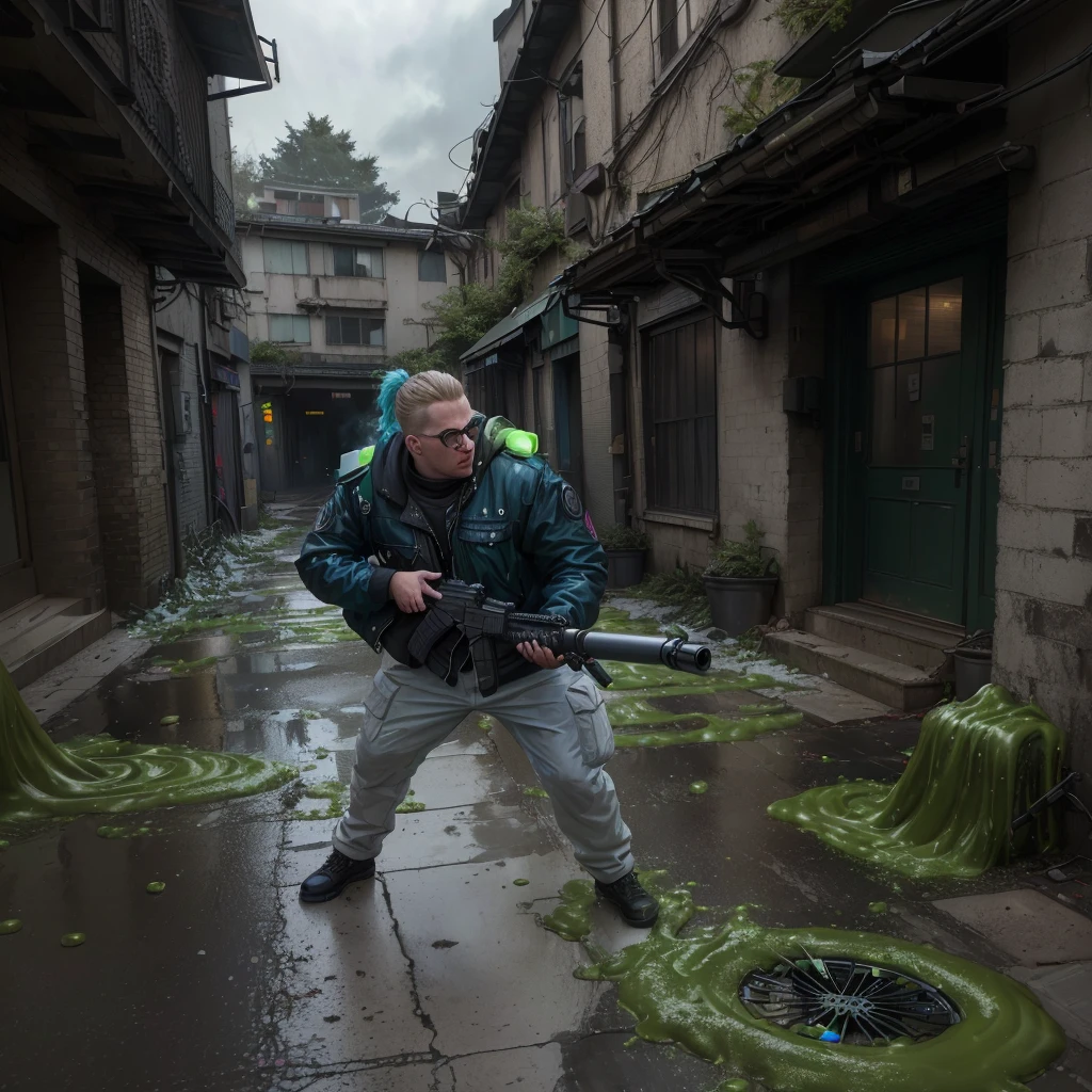 there is a man holding a gun on a street with green tires, green slime everywhere, in an alleyway during the purge, impending doom in an alleyway, bubbles vfx, cyberpunk street henchman, visual effects photo, bubbly oozing covered serious, hiper-realistic cyberpunk style, action shot vfx, by Fei Danxu, Alexei Egorov, cinematic action shooting