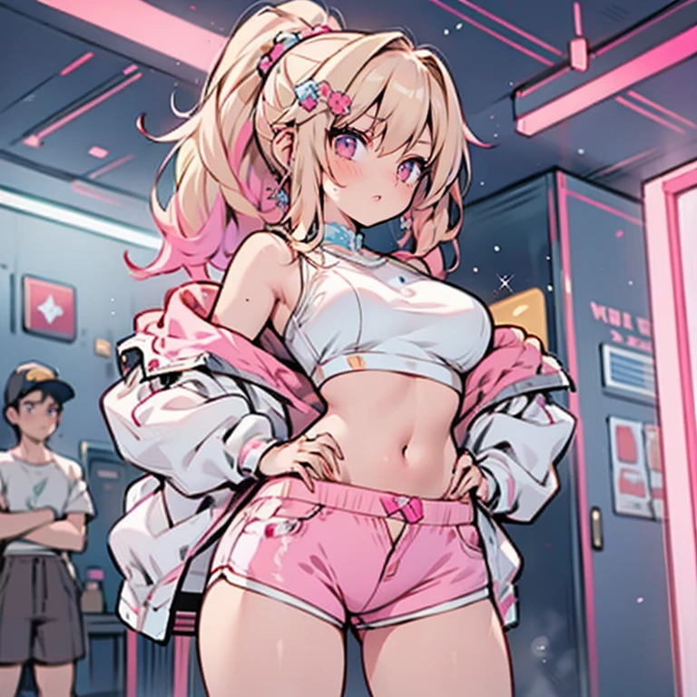Anime Kawaii sexy Perfect Slim sensual body large breast and huge thighs, An intricate and highly detailed illustration of anime (Young girl) ((Masterpiece)), best quality, absurderes, ultra detailed, holographic, cowboy shot, golden ratio, super cute girl, mature girl, idol girl, super beautiful asian girl with very beautiful violet glowing eyes, beautiful glowing brown multicolored hair, high ponytail, nice and sexy body, slim body, perfect body, an anime printed super tight off shoulder long sleeve crop top, wearing super tight anime print micro shorts, a super aesthetic transparent mini jacket, beautiful hair ornament, pink jordan tennis, being photographed in a mall shop,( undressing, taking off micro shorts, showing neon pink panties, showing thong: 1.5)