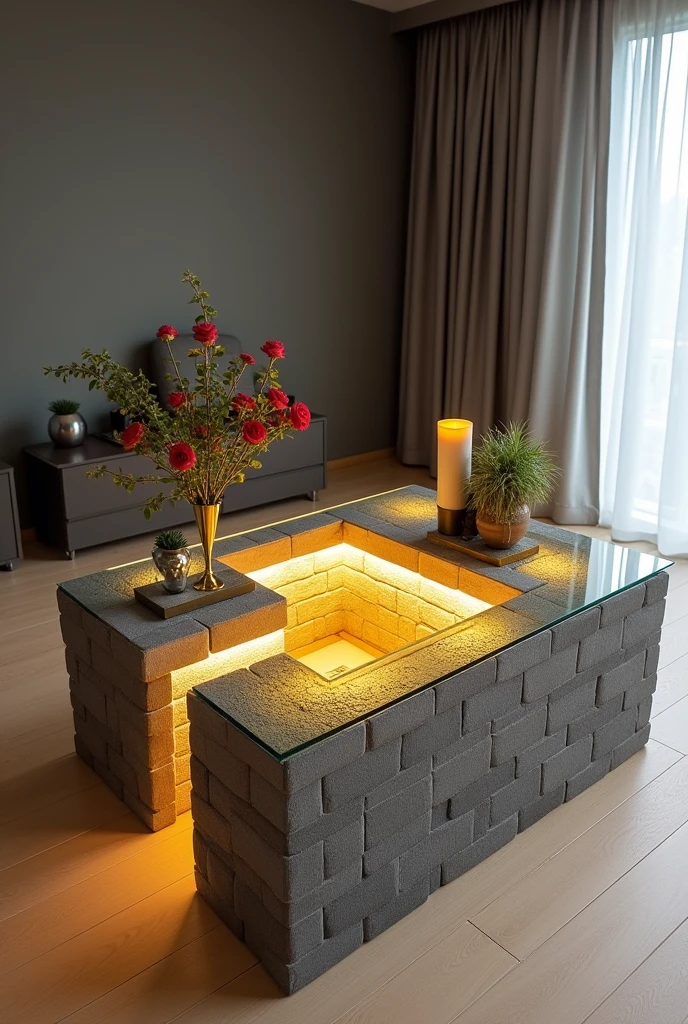 Handcrafted rectangular table featuring a reflective glass top that creates a stunning visual effect resembling an endless tunnel, illuminated from within by warm yellow LED lighting.. The sides are covered with a material that simulates the appearance of grey bricks with a three-dimensional texture.. The table is decorated with simple decorations such as small plants and a golden candlestick containing a red rose.. The table is placed on a light-colored wooden floor.. The table design combines simplicity and elegance with a touch of modernity, making it a distinctive piece of art in any room.