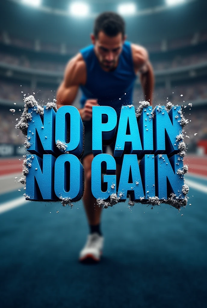 I would like an image in 1080 x 1350, with the following sentence in the center of it "No Pain No Gain" in blue with shattering effects without shine, in the background of the image, something that is motivating and draws attention related to sport, Maybe a blurred person that you notice is trying hard like a race or some Olympic sport