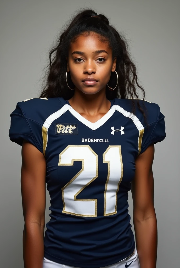 A photo of Sophia Evans, a running back for the female Pitt Panthers football team. Number 21. Surprisingly skinny for a football player