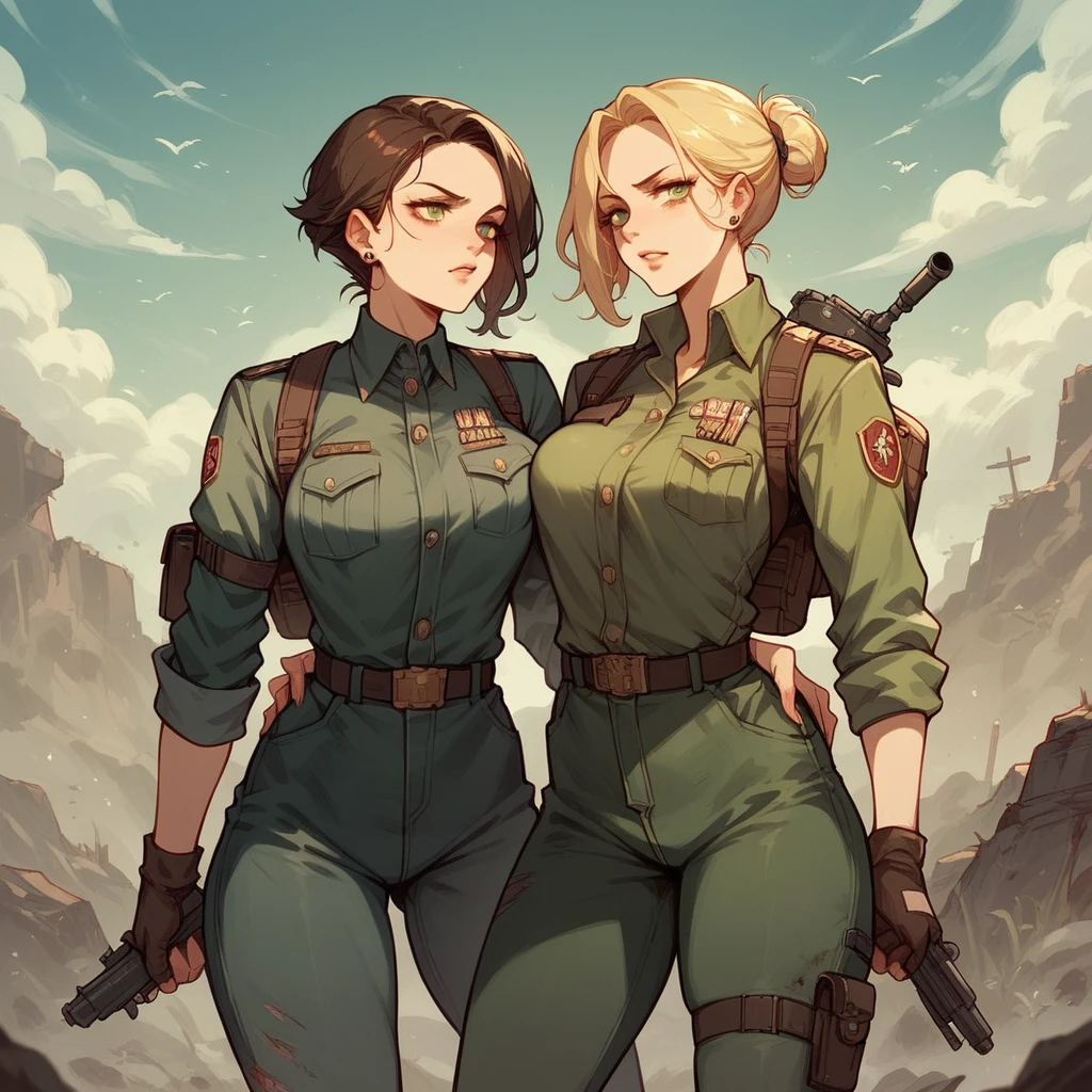 women, with military uniform, in a post-apocalyptic world