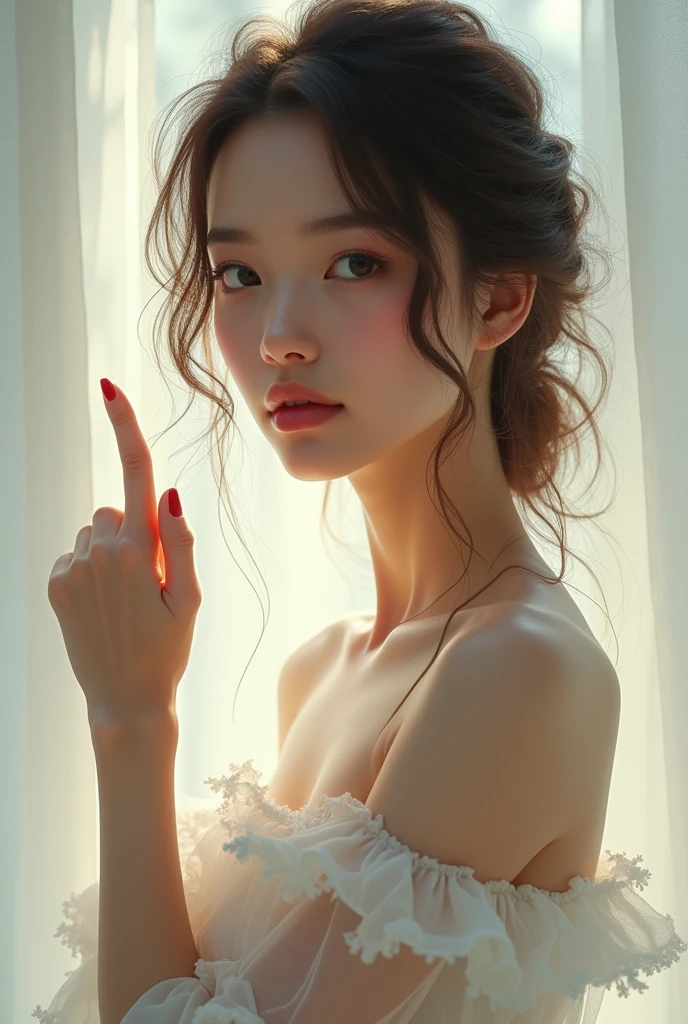 beautiful woman pointing one finger to the right