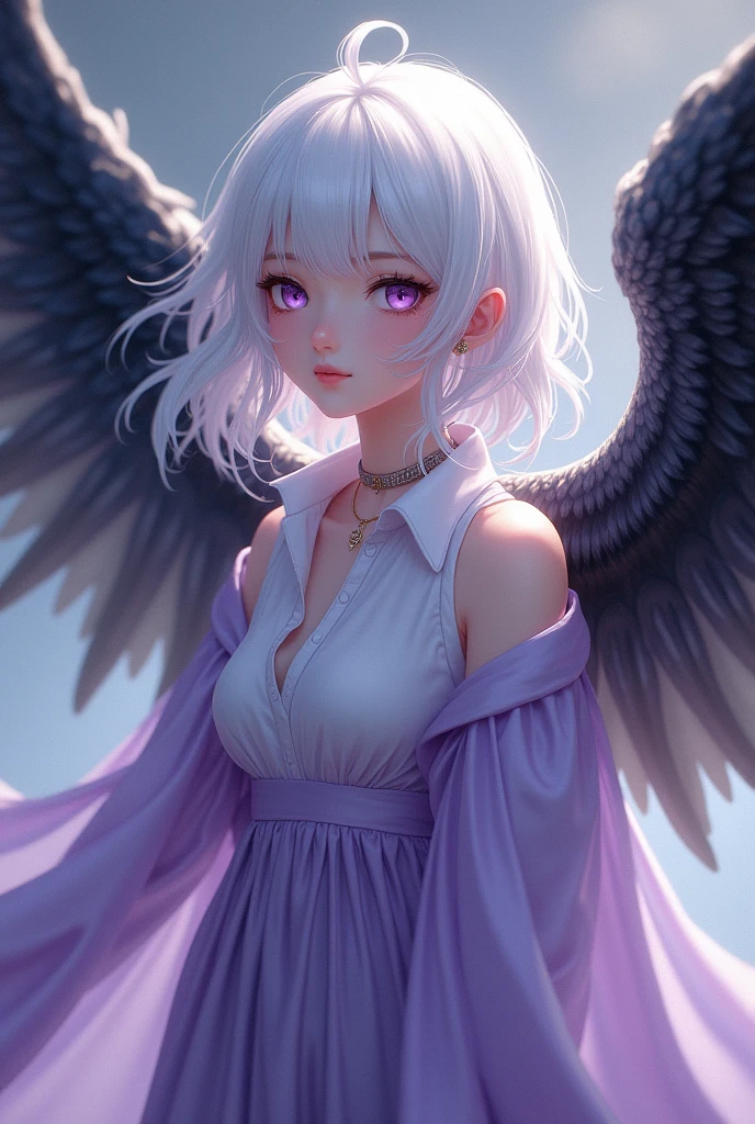 A 20-year-old girl with white hair and purple eyes and wearing a long dress with a white shirt with a long purple Marga with black wings with a positive personality