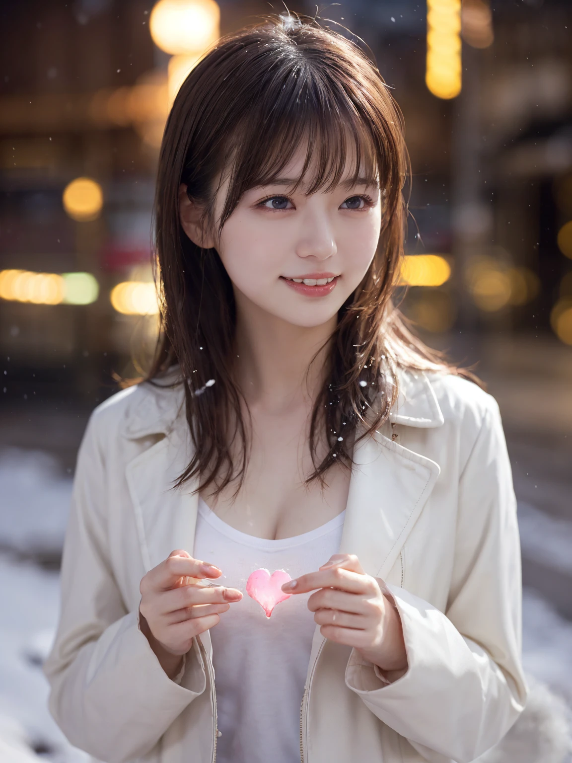 1 girl, (Wear a platinum coat:1.2), (RAW Photos, Highest quality), (Realistic, Photorealistic:1.4), Tabletop, Very delicate and beautiful, Very detailed, 2k wallpaper, wonderful, finely, Very detailed CG Unity 8K 壁紙, Very detailedな, High resolution, Soft Light, Beautiful detailed, Very detailed目と顔, Beautiful and detailed nose, finelyて美しい目, Cinema Lighting, Illuminations that light up the city on a snowy night, Snow Scene, that'it's snowing, 髪にit's snowing, Perfect Anatomy, Slender body, Was nervous,
Straight semi-long hair, bangs, Looking at the audience, smile, ((orgasm, in heat, aroused, wishful, climax, sweat, love juice, pussy juice, pussy juice stained, fucked silly, trembling, afterglow)), ((love heart)), (speech bubble),
