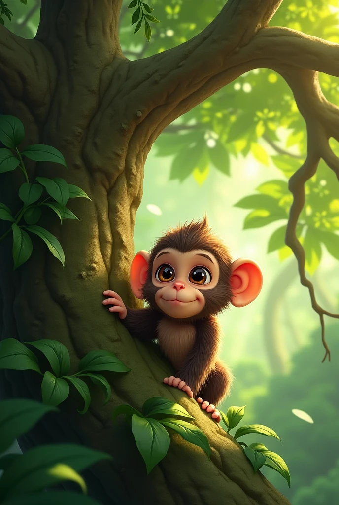 "A small monkey named Mamu peeking down from the branches of the banyan tree, with big, curious eyes and a playful expression."