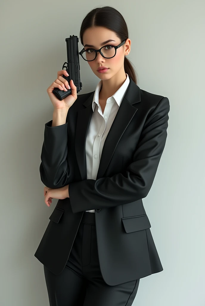 there is a woman in a suit and glasses posing with a gun, wearing a strict business suit, in strict suit, elegant posed, in a business suit, wearing tight suit, in a strict suit, lawyer suit, in suit with black glasses, wearing business suit, with glasses, wearing a suit and glasses, elegant suit, with a business suit on, business attire