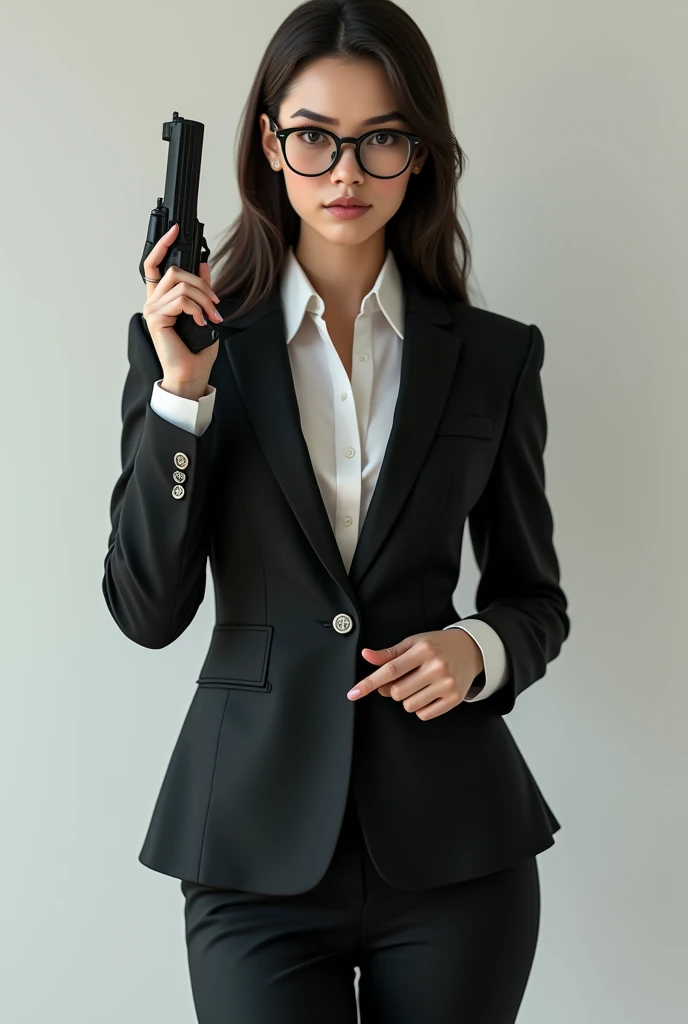 there is a woman in a suit and glasses posing with a gun, wearing a strict business suit, in strict suit, elegant posed, in a business suit, wearing tight suit, in a strict suit, lawyer suit, in suit with black glasses, wearing business suit, with glasses, wearing a suit and glasses, elegant suit, with a business suit on, business attire
