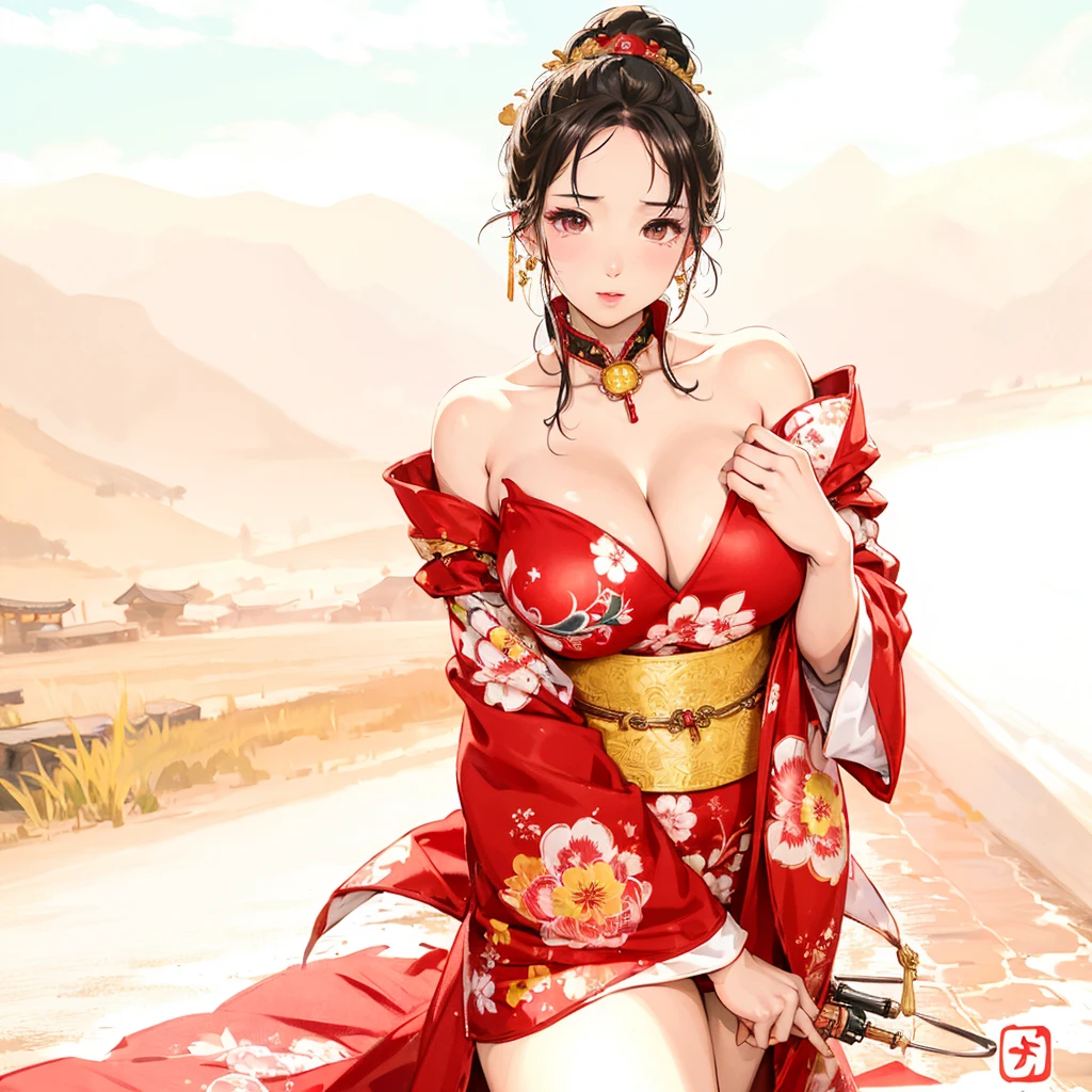 ((no background:1.0)), (cowboy shot), best quality, masterpiece, Solo, detailed cute girl, ancient Chinese costume, large breasts, open neckline, curvy, red dress, black choker