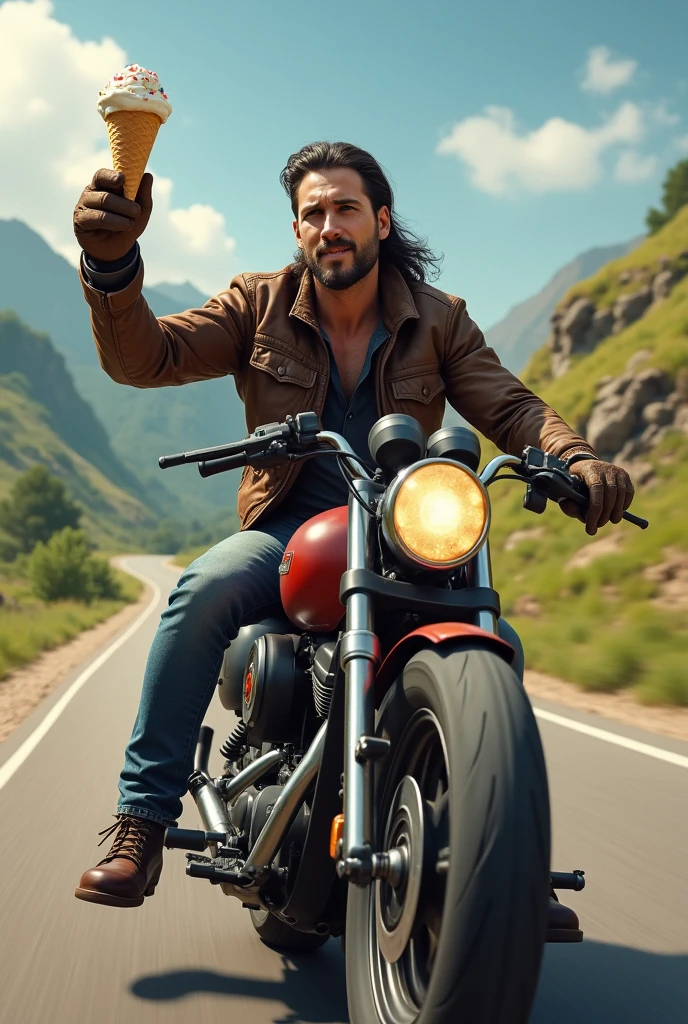 A man with by motor bicycle glove on holding ice cream