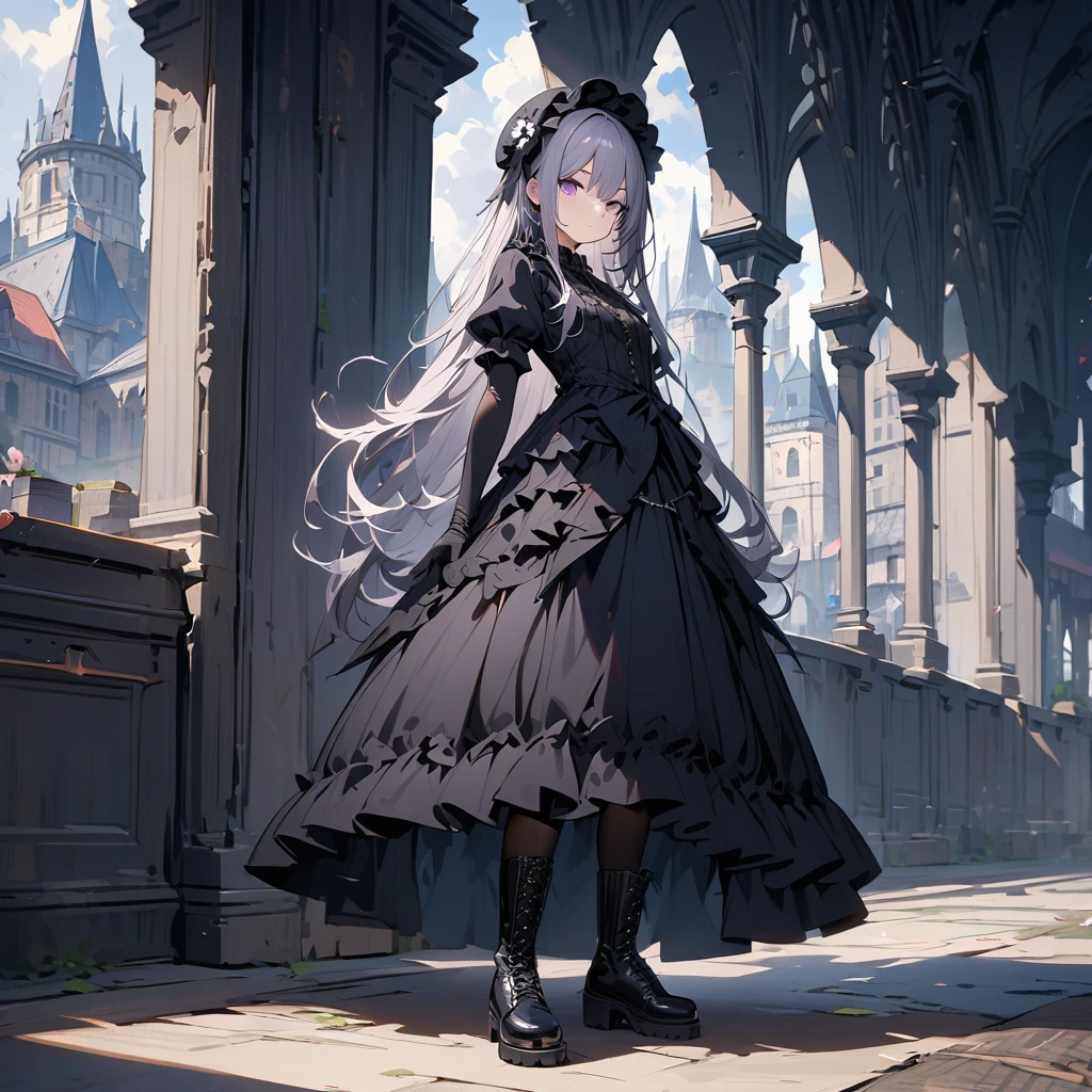 (((masterpiece))),(((best quality))),(((extremely detailed))), 1girl, solo, gothic ta, neutral face, looking at viewer, standing, contrapposto,full body, long floating grey hair , purple eyes, white flower on the left of her head, BREAK (((full long black dress, frilled dress))), (black cross-laced footwear, black pantyhose), (lace-up boots), black elbow gloves, puffy short sleeves BREAK gothic architecture, building, cloudy sky
