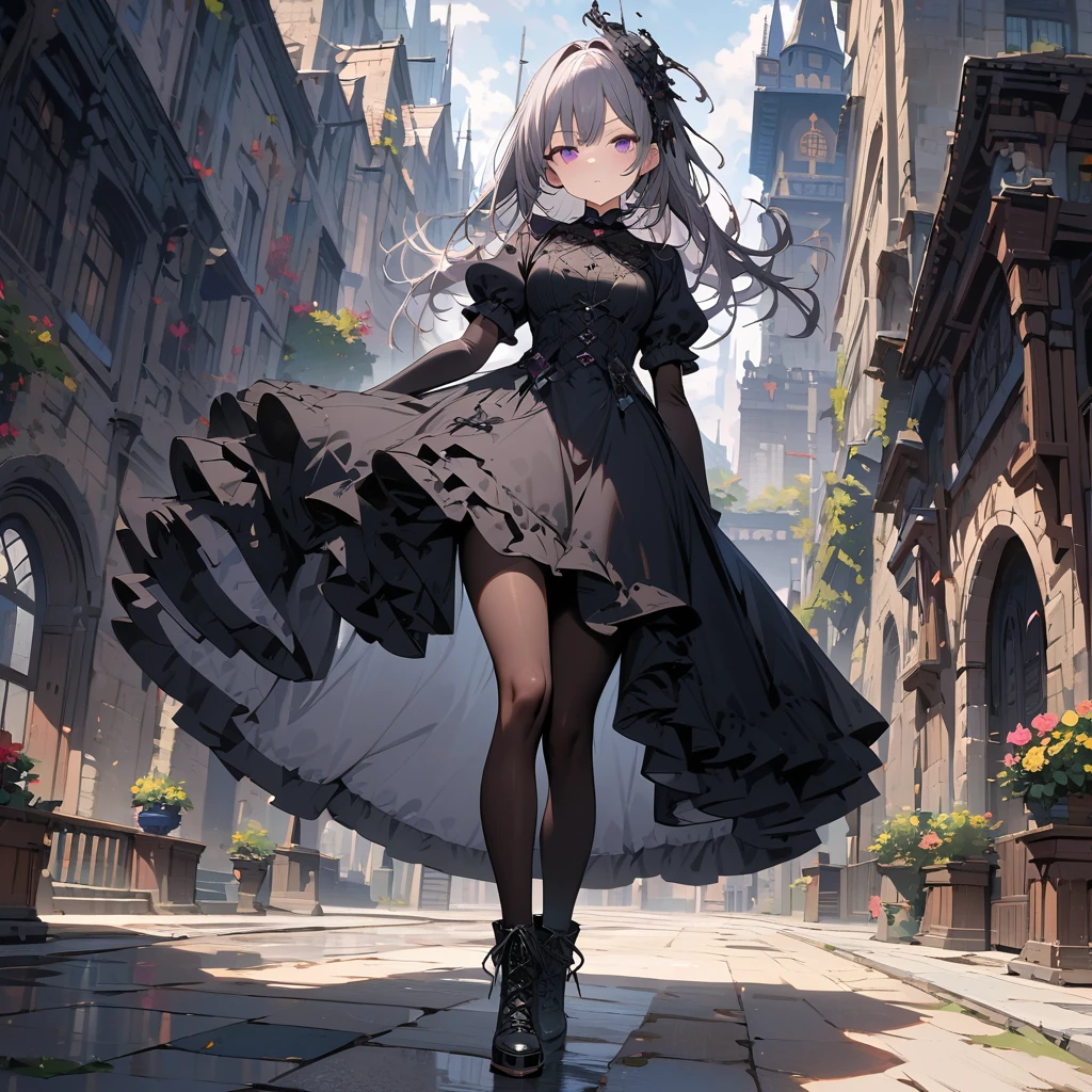 (((masterpiece))),(((best quality))),(((extremely detailed))), 1girl, solo, gothic lolita, neutral face, looking at viewer, standing, contrapposto,full body, long floating grey hair , purple eyes, white flower on the left of her head, BREAK (((full long black dress, frilled dress))), (black cross-laced footwear, black pantyhose), (lace-up boots), black elbow gloves, puffy short sleeves BREAK gothic architecture, building, cloudy sky