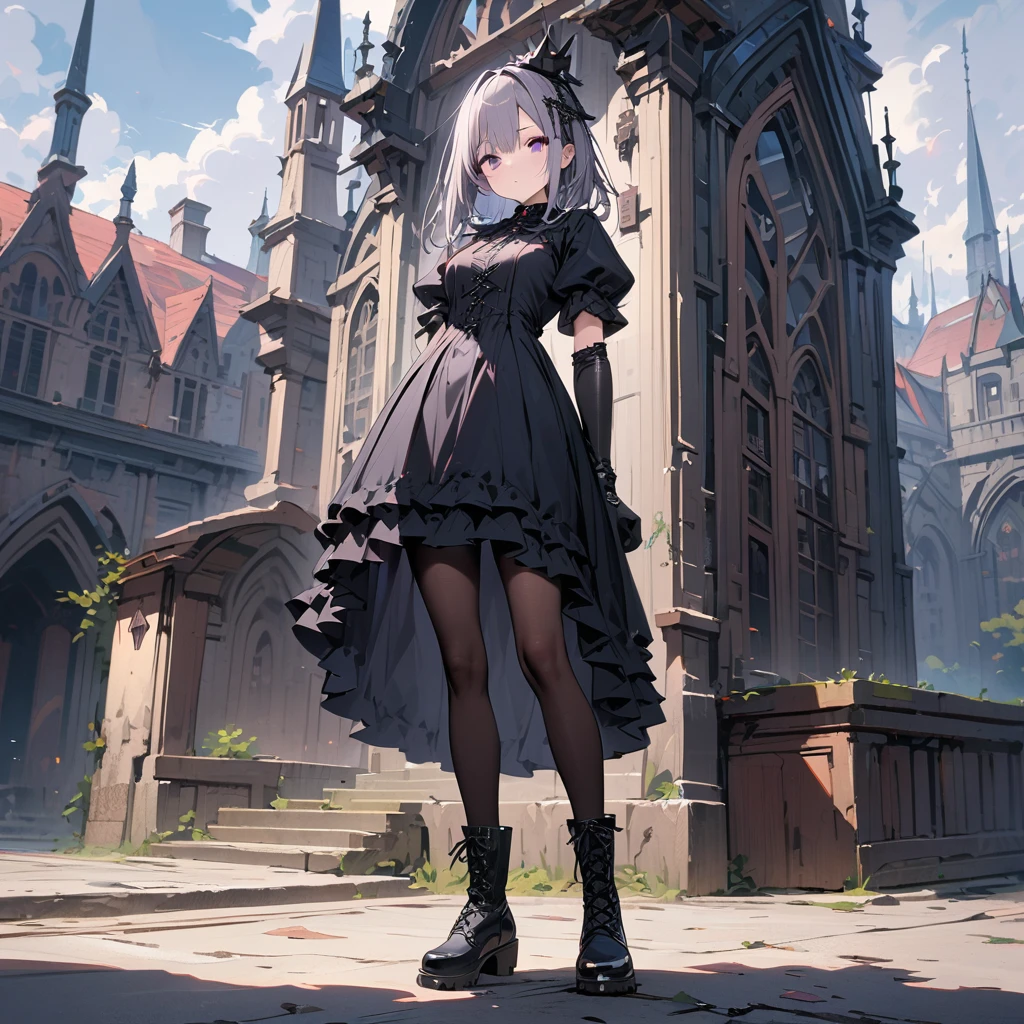 (((masterpiece))),(((best quality))),(((extremely detailed))), 1girl, solo, gothic lolita, neutral face, looking at viewer, standing, contrapposto,full body, long floating grey hair , purple eyes, white flower on the left of her head, BREAK (((full long black dress, frilled dress))), (black cross-laced footwear, black pantyhose), (lace-up boots), black elbow gloves, puffy short sleeves BREAK gothic architecture, building, cloudy sky