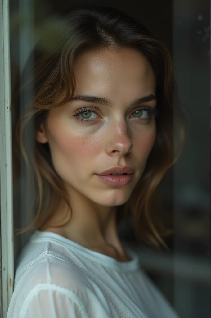 ((1girl from outside window, standing, leaning forward))) looking at viewer ,Perfectly glossy skin, ,25 yo mature girl , , picture of a vivid, (masterpiece:1.2),(extremely detailed),(8k:1.1),(perfect lighting,best quality,highres,original),(realistic photography:1.4),(tall image:1.5), ,high detailed skin,shaded face, soft lighting, (small face),RAW, ultra highres, pores visible,