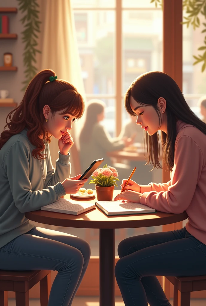 2 girls sitting by a small round table and studying-1 girl using her tab and the other ysing highlighter for her note
In a cafe