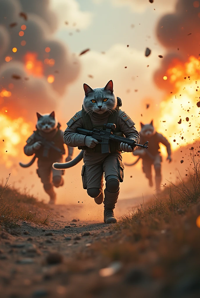 In an epic panoramic shot, gray cat lifelike bodies, special forces soldiers run through a series of explosions that shake the terrain around them.
The explosion occurred violently, causing debris and fireballs to soar into the sky. The ground shook with each explosion, raising clouds of dust and smoke that enveloped the human-like cat warriors in an aura of danger and chaos.
The human-like cat warriors quickly maneuvered, skillfully dodging the explosions as they moved towards their goal. Their faces, determined and focused, reflect the intensity of the situation, while their precise movements show training and expertise.
The scene is full of action and adrenaline. The lighting is interrupted by bursts of explosions, casting dynamic, contrasting shadows on the soldiers in motion, creating a striking visual image that pulses with energy