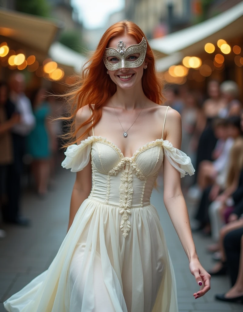 photograph, young woman, beautiful red hair, blue eyes, freckles, smiling, she is wearing a white Victorian dress and a mask similar to the Venice carnival, she is parading in a modeling event, she is walking with the suit and the mask, posing for the people sitting around and for the camera.