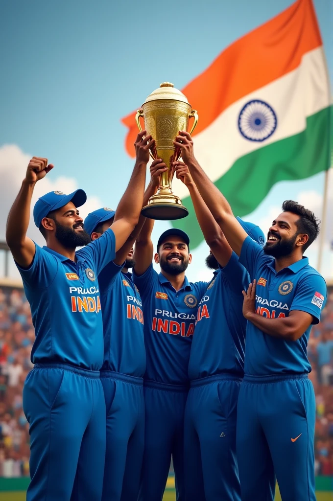 Indian cricket team lifting the world cup with Indian flag
