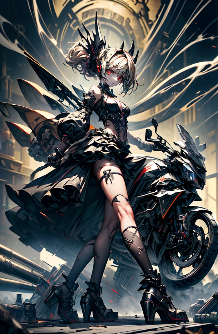 super high quality、8K quality、High resolution、Image quality captured with a single-lens reflex camera、(software)、Perfect Anatomy、(1. The theme is Gothic punk girl holding a barrel of alcohol)Beautiful blonde 15 year old girl.Orange eyes、(Good shape、Normal chest、Cleavage)、(Black mechanical parts for arms and legs、3D, Realistic mechanical parts)(Mechanical parts wings on the back)、((Large amount of liquor bottles:1.5))break、(Perfect Anatomy:1.4)break(Rear view、Recall、avert your eyes:1.3)Petals flutter(Smoke rising from the battlefield、Twilight:1.5)