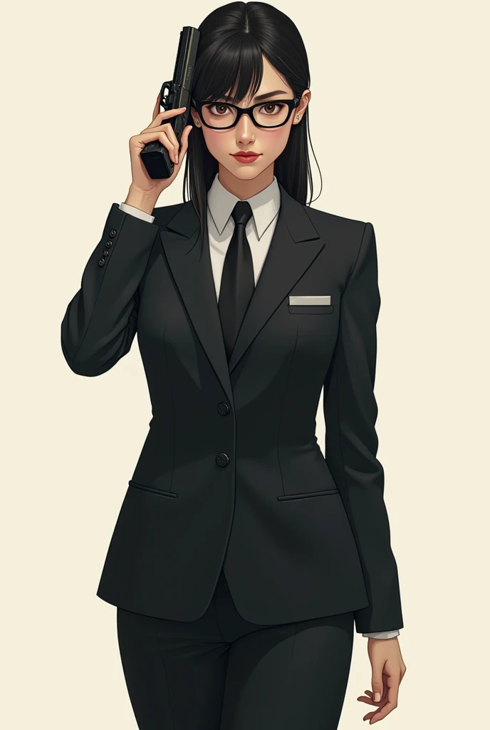 there is a woman in a suit and glasses posing with a gun, a portrait by Jason Chan, trending on Artstation, shin hanga, wearing a strict business suit, in strict suit, elegant posed, in a business suit, wearing tight suit, in a strict suit, lawyer suit, in suit with black glasses, wearing business suit, with glasses