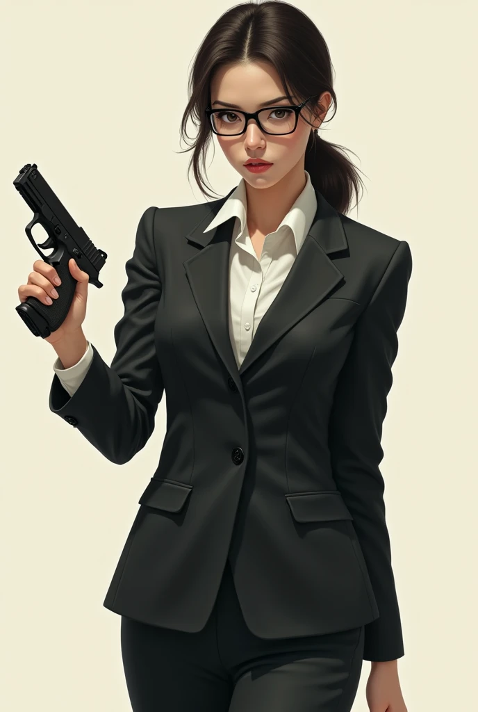 there is a woman in a suit and glasses posing with a gun, a portrait by Jason Chan, trending on Artstation, shin hanga, wearing a strict business suit, in strict suit, elegant posed, in a business suit, wearing tight suit, in a strict suit, lawyer suit, in suit with black glasses, wearing business suit, with glasses