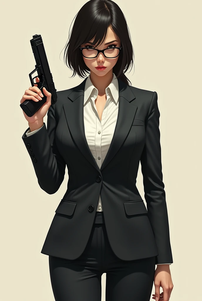 there is a woman in a suit and glasses posing with a gun, a portrait by Jason Chan, trending on Artstation, shin hanga, wearing a strict business suit, in strict suit, elegant posed, in a business suit, wearing tight suit, in a strict suit, lawyer suit, in suit with black glasses, wearing business suit, with glasses