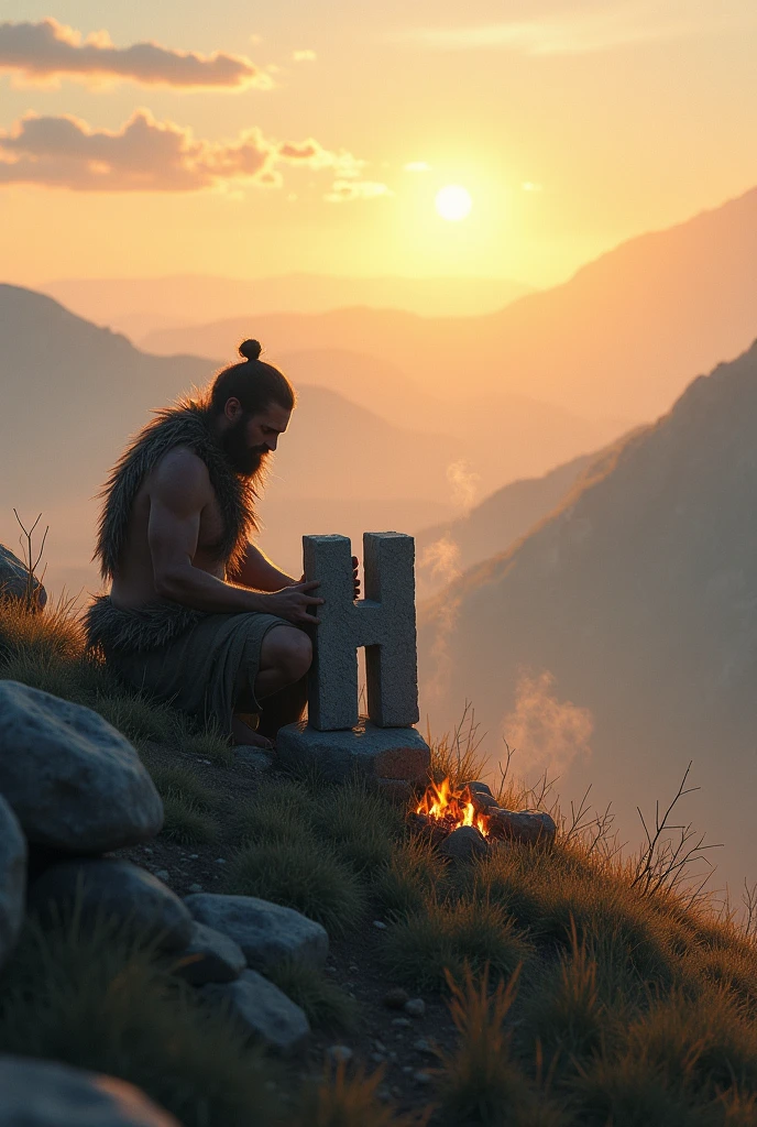 Morning sun rise from hills,stone era man sit and hitting to big stone shape of 11-H