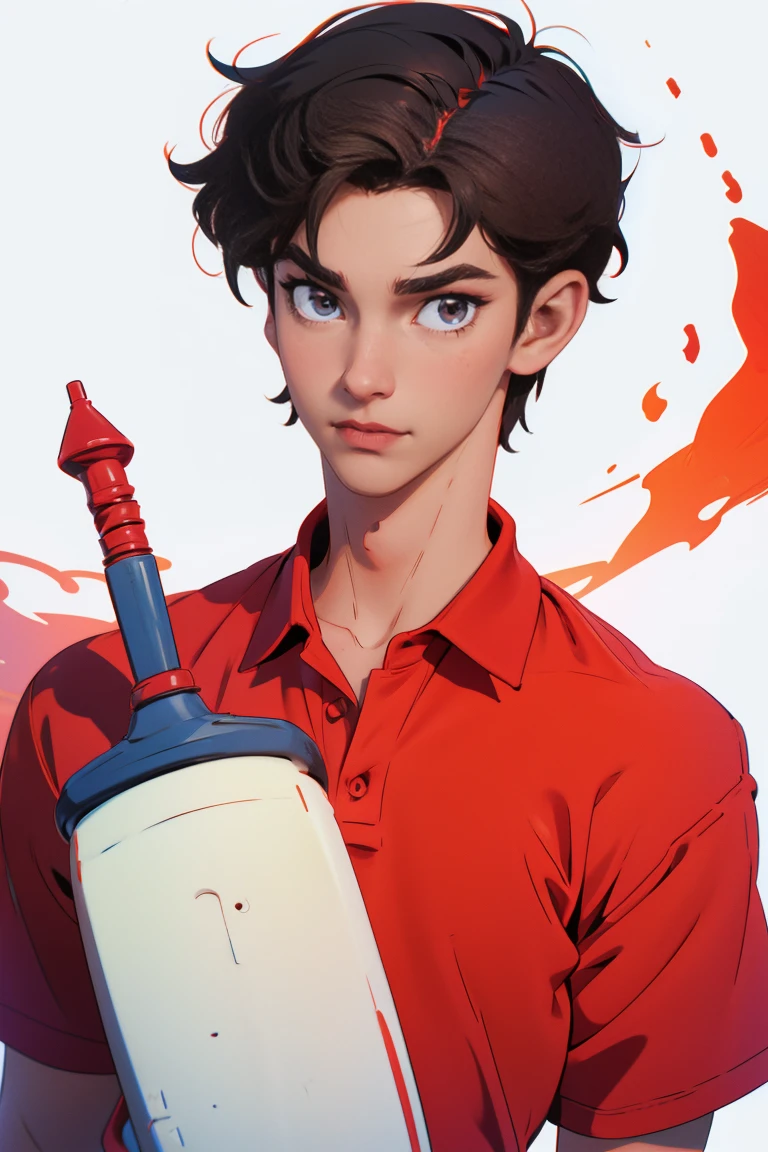 male character , short dark hair, Disney style , friendly , happy ,looking at the viewer , high qualiy , WEARING PLAIN RED POLO SHIRT , white background , well-defined , fully body